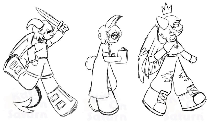 3 full bodies | 2 small props | sketch | simple background