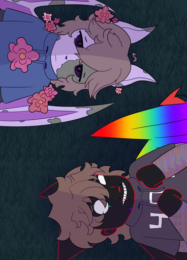 2 half bodies | small prop | 2 big wings | flat color | simple background