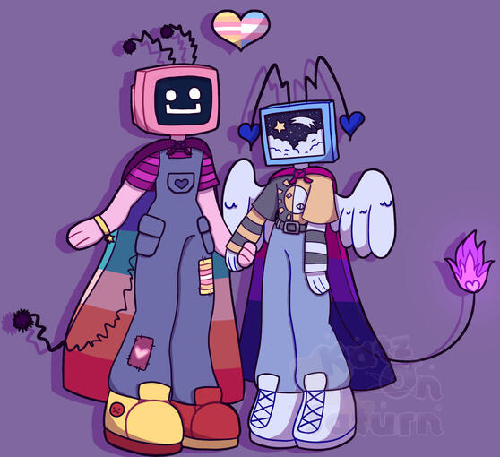 2 full bodies | shaded | simple background | 1 small prop